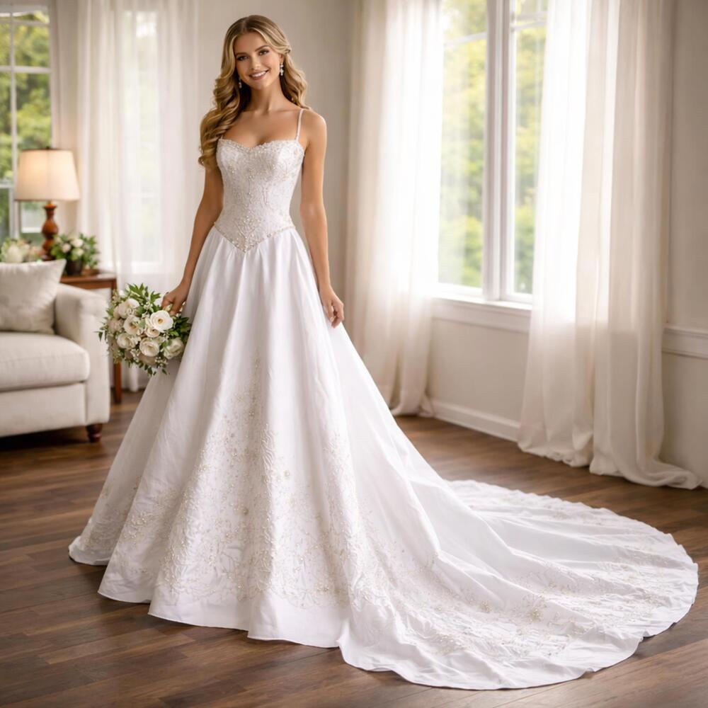 Vintage Y2K White Beaded Strapless Wedding Dress with Train size 12